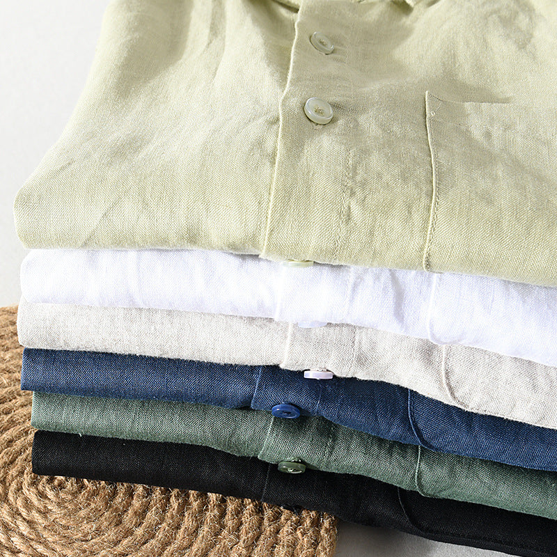 Men's summer short-sleeved linen shirt, stand-up collar loose 100% linen shirt