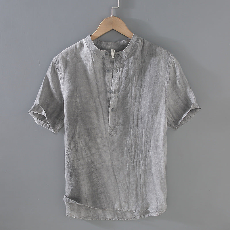 Standing collar linen shirt, summer short sleeve 100% linen shirt