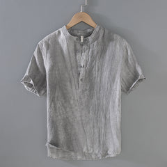 Standing collar linen shirt, summer short sleeve 100% linen shirt