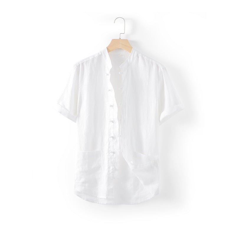 Summer short sleeve linen shirt, vintage stand-up collar frog button 100% linen shirt