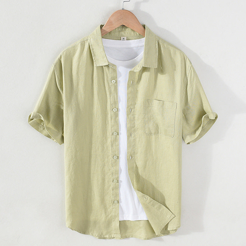 Men's summer short-sleeved linen shirt, stand-up collar loose 100% linen shirt