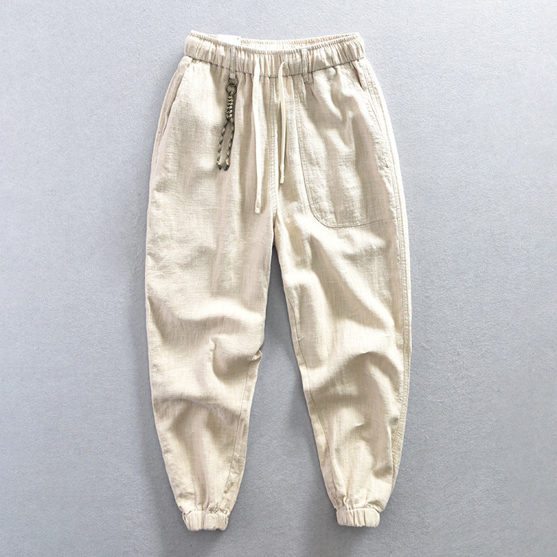 Men's summer cotton linen tapered pants, elastic waist cotton linen ankle pants with decoration