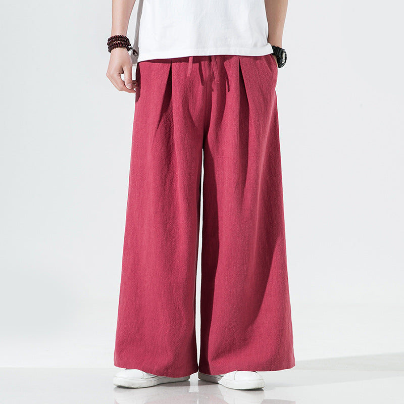 Elastic Waist Cotton Linen Wide Leg Pants, Men's Casual Cotton Linen Wide Leg Pants