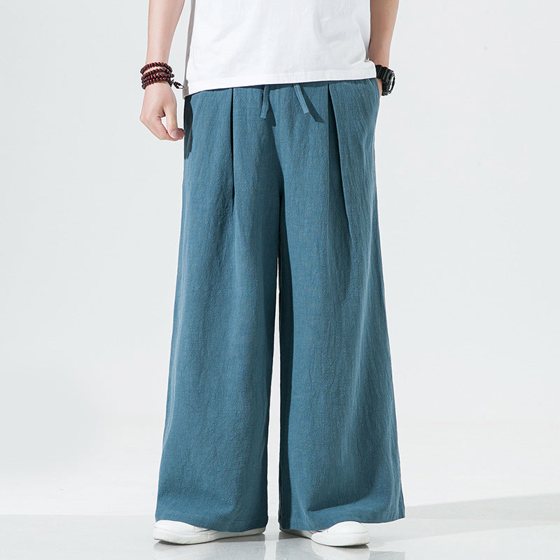 Elastic Waist Cotton Linen Wide Leg Pants, Men's Casual Cotton Linen Wide Leg Pants