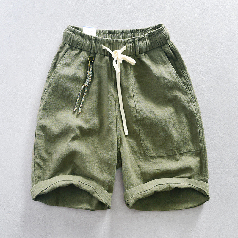 Men's summer cotton linen shorts, elastic waist cotton linen  shorts with decoration