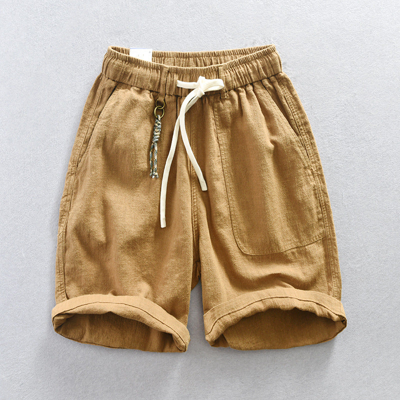 Men's summer cotton linen shorts, elastic waist cotton linen  shorts with decoration