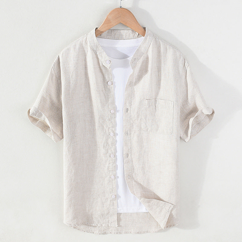 Summer short sleeve linen shirt, stand-up collar loose 100% linen shirt