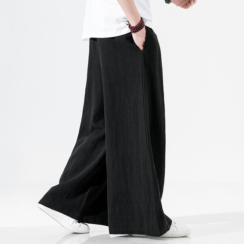 Elastic Waist Cotton Linen Wide Leg Pants, Men's Casual Cotton Linen Wide Leg Pants