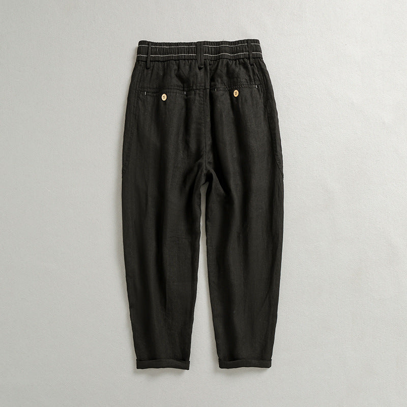 Men's summer loose linen ankle pants, elastic waist linen pants