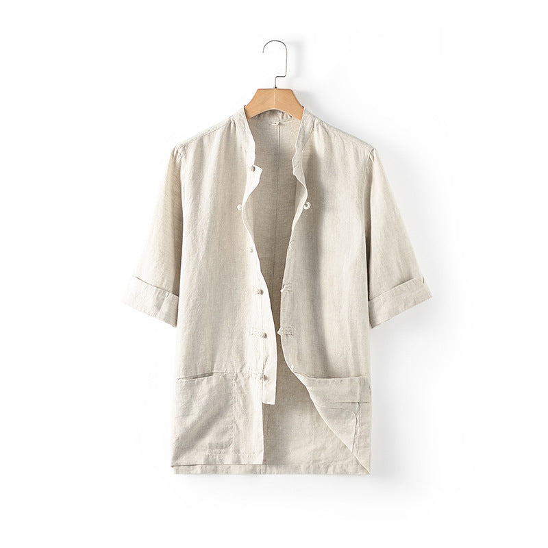 Casual half sleeve linen shirt, vintage men's linen shirt