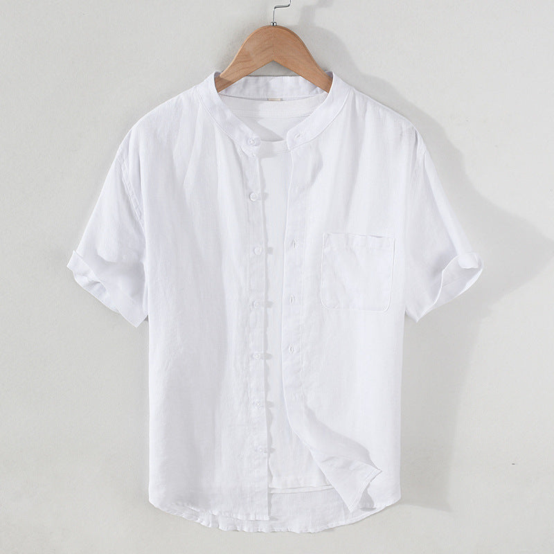 Summer short sleeve linen shirt, stand-up collar loose 100% linen shirt