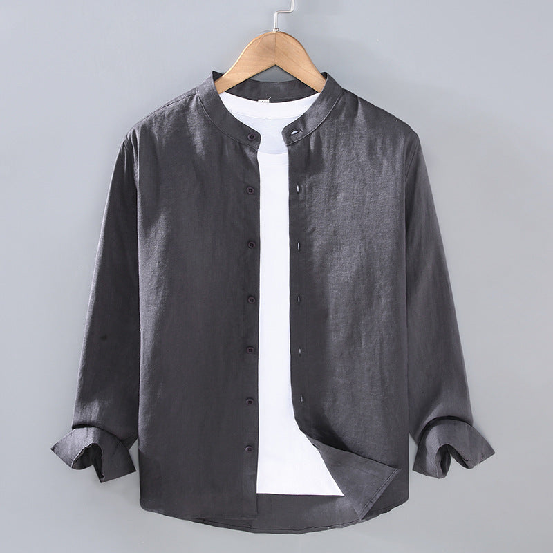 Standing collar long sleeve linen shirt, 5 colours 100% linen shirt, Chinese men's summer shirt