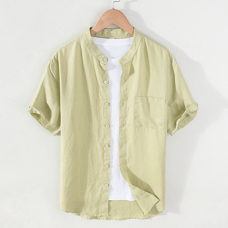 Summer short sleeve linen shirt, stand-up collar loose 100% linen shirt