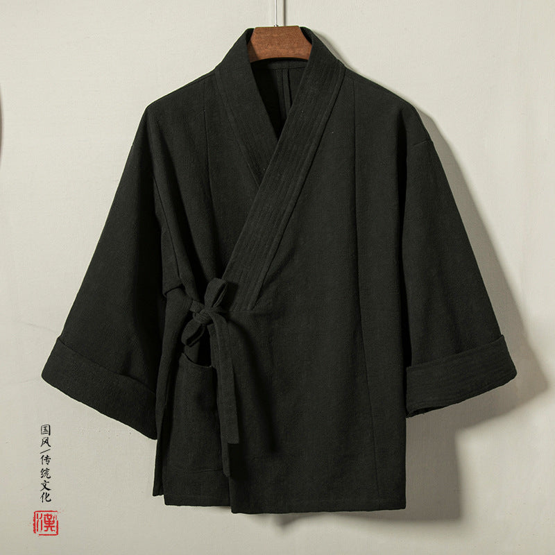 Vintage Japanese cotton linen kimono, Chinese V-neck jacket