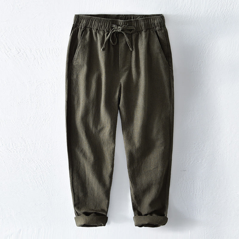 Men's Summer Cotton Linen Pants, Elastic Waist Loose Casual Cotton Linen Ankle Pants