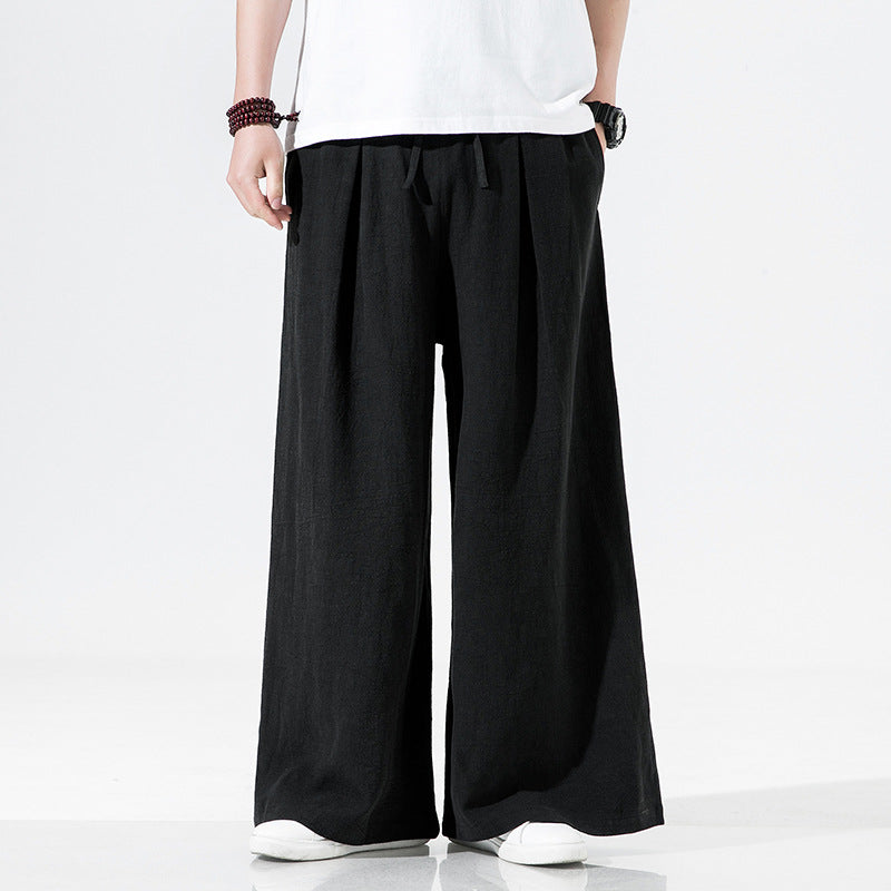 Elastic Waist Cotton Linen Wide Leg Pants, Men's Casual Cotton Linen Wide Leg Pants