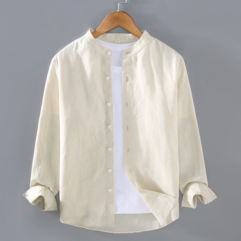 Standing collar long sleeve linen shirt, 5 colours 100% linen shirt, Chinese men's summer shirt