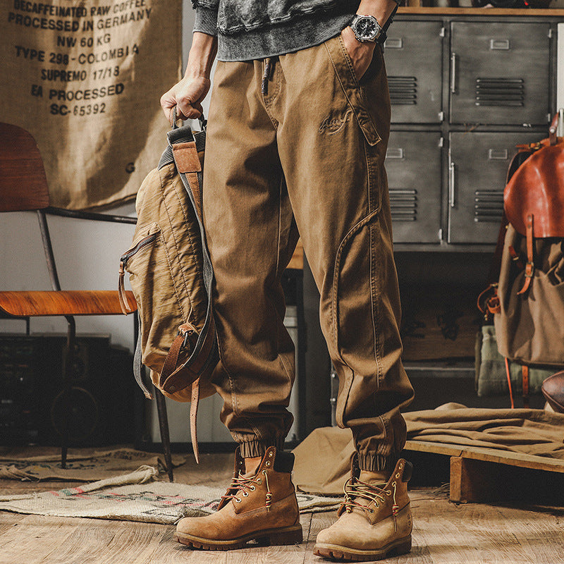 Men's Cotton Cargo Pants, Loose Elastic Waist Work Pants, Vintage Casual Street Pants