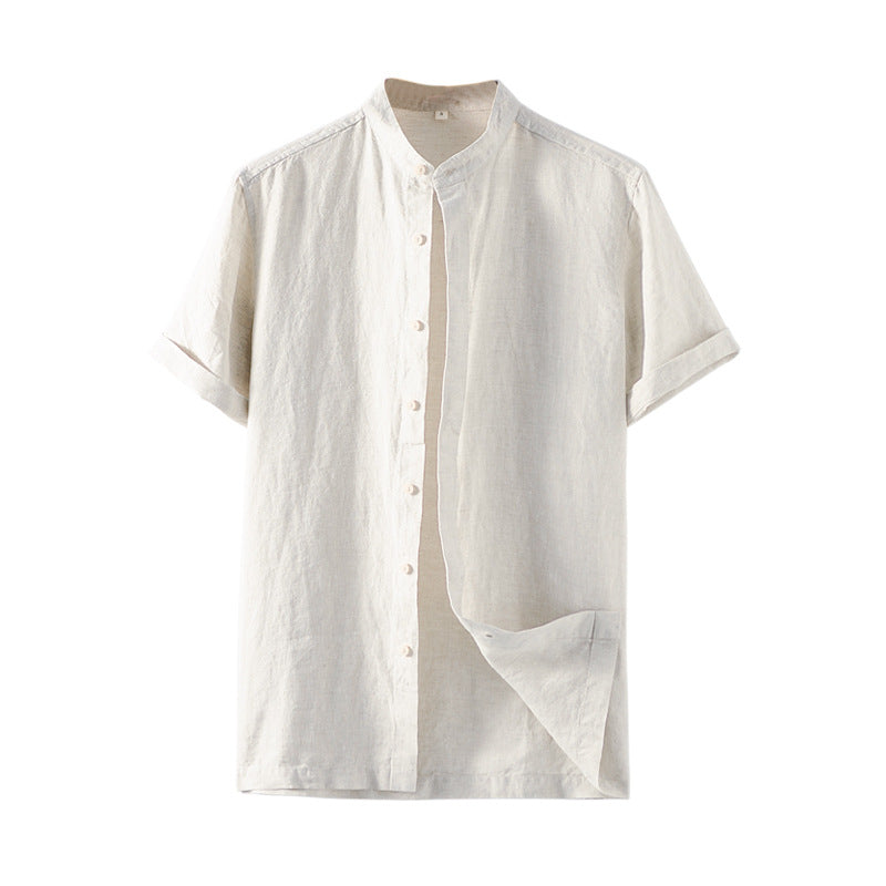 Summer stand-up collar short sleeve linen shirt, vintage frog button 100% linen shirt