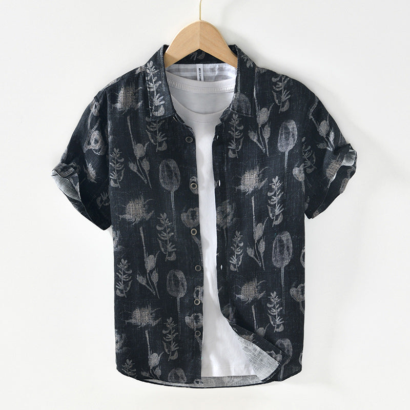 Printed Floral Linen Shirt, Summer Short Sleeve 100% Linen Shirt