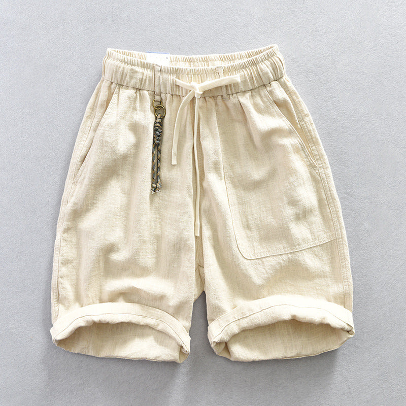 Men's summer cotton linen shorts, elastic waist cotton linen  shorts with decoration