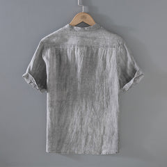 Standing collar linen shirt, summer short sleeve 100% linen shirt