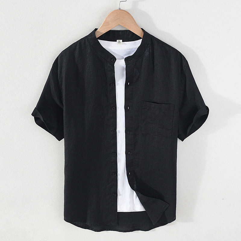 Summer short sleeve linen shirt, stand-up collar loose 100% linen shirt