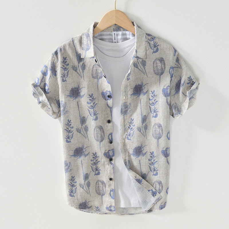 Printed Floral Linen Shirt, Summer Short Sleeve 100% Linen Shirt