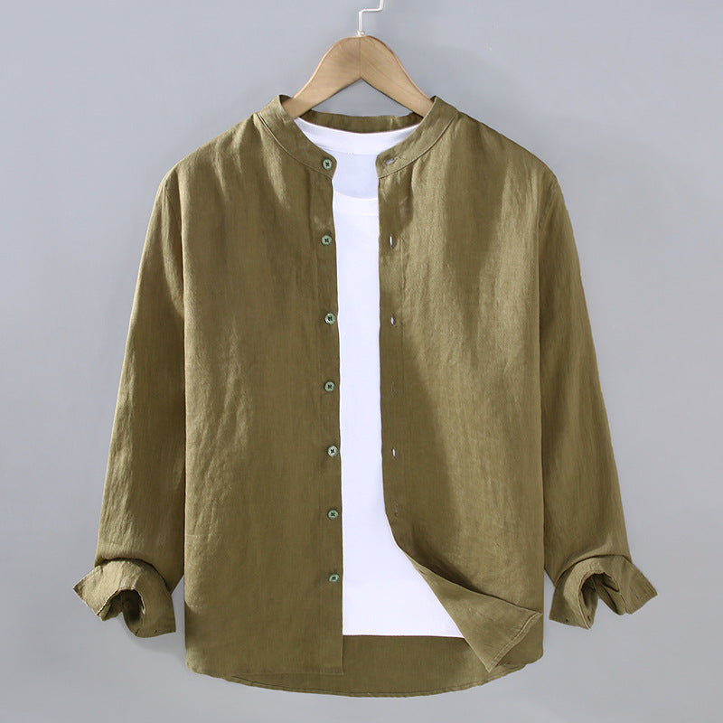 Standing collar long sleeve linen shirt, 5 colours 100% linen shirt, Chinese men's summer shirt