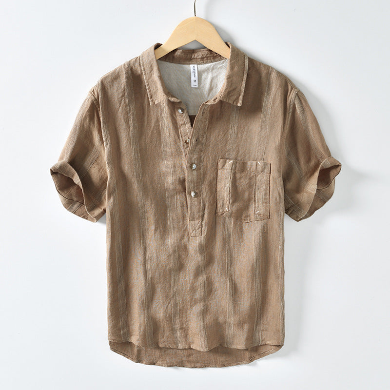 Men's summer striped short-sleeved linen shirt, stand-up collar loose 100% linen shirt