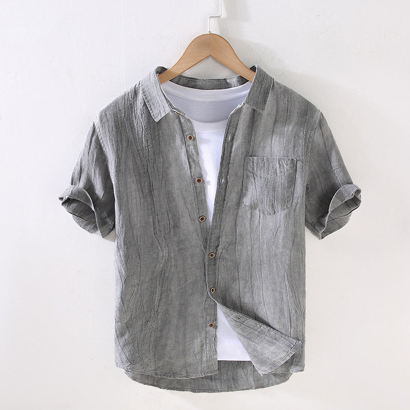 Pleated Short Sleeve Linen Shirt, Vintage Loose Summer Shirt