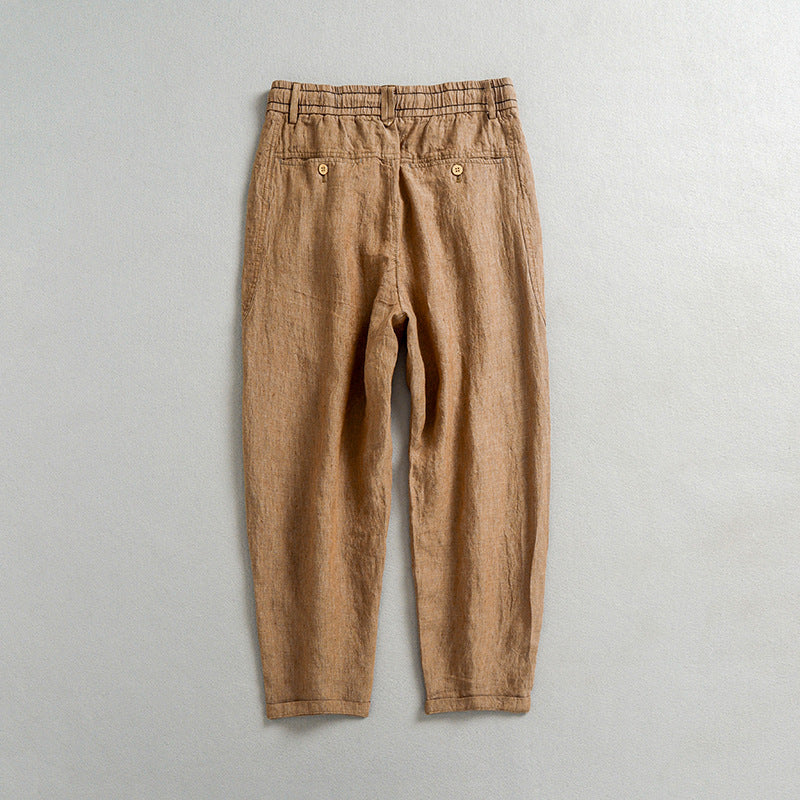 Men's summer loose linen ankle pants, elastic waist linen pants