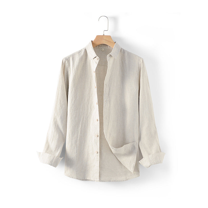 Men's long sleeve stand-up collar linen shirt, 100% linen shirt