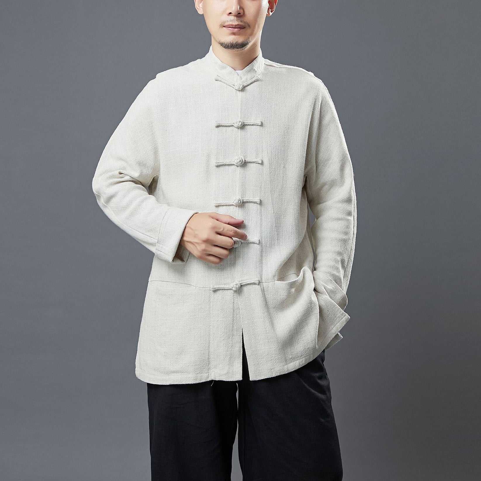 Standing collar loose linen jacket, frog button casual kung fu jacket