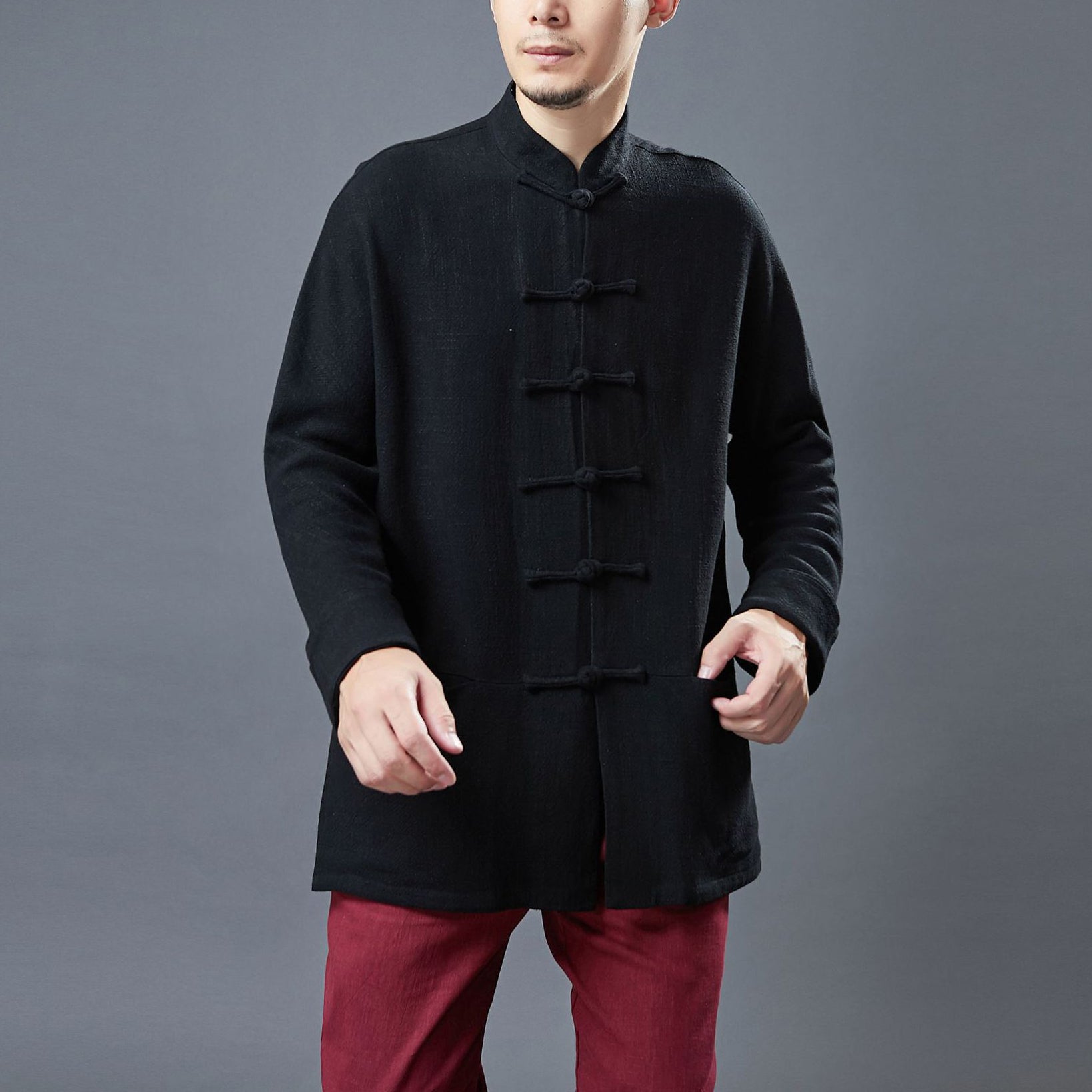 Standing collar loose linen jacket, frog button casual kung fu jacket