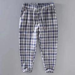 Summer Plaid Linen Ankle Pants, Casual Loose Linen Pants