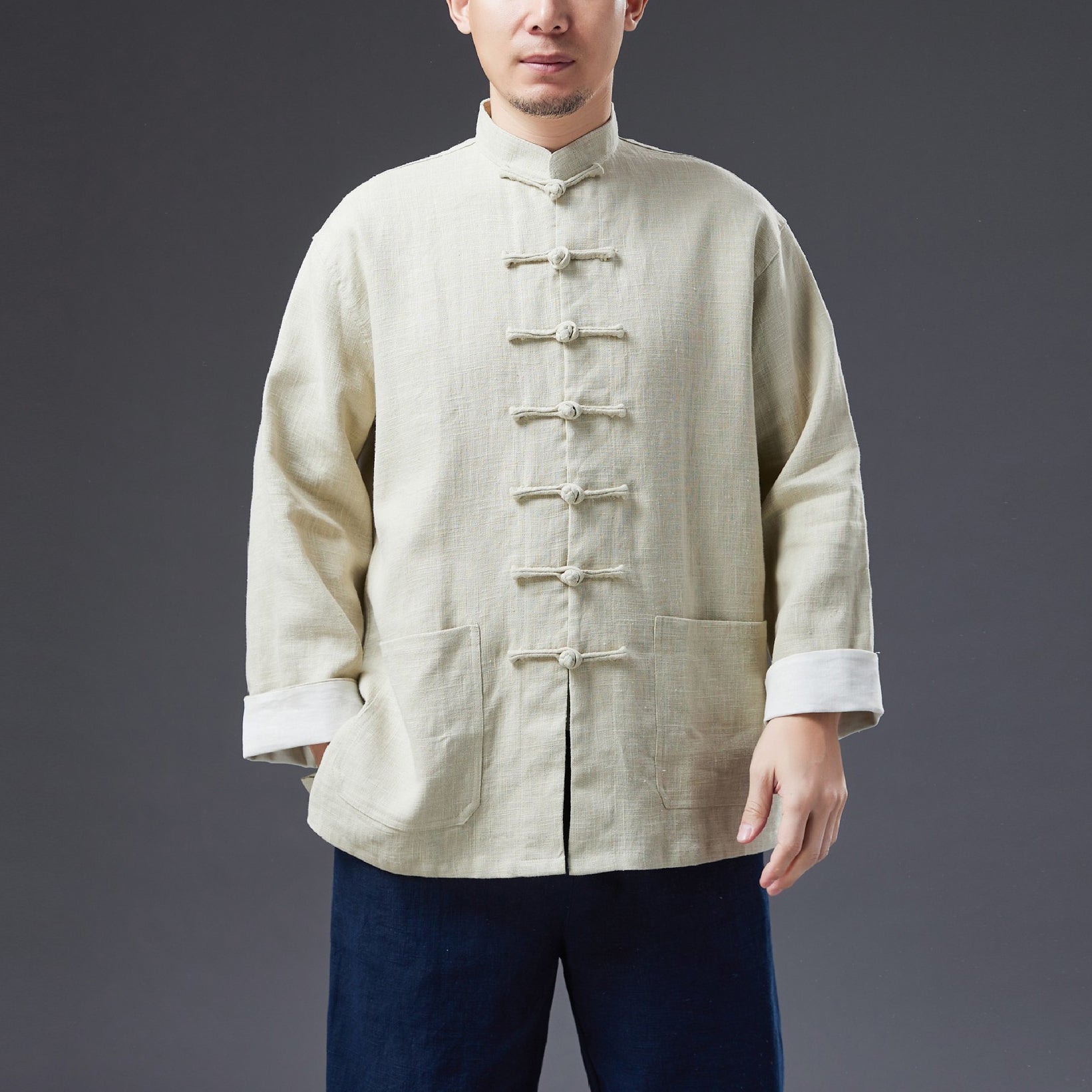 Stand-up Collar Frog Button Cotton and Linen Jacket, Vintage Chinese Bruce Lee Kung Fu Jacket