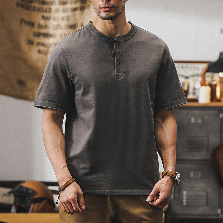 Summer Henley Neck Cotton T-Shirt, Vintage V-Neck Loose Casual T-Shirt 20240804