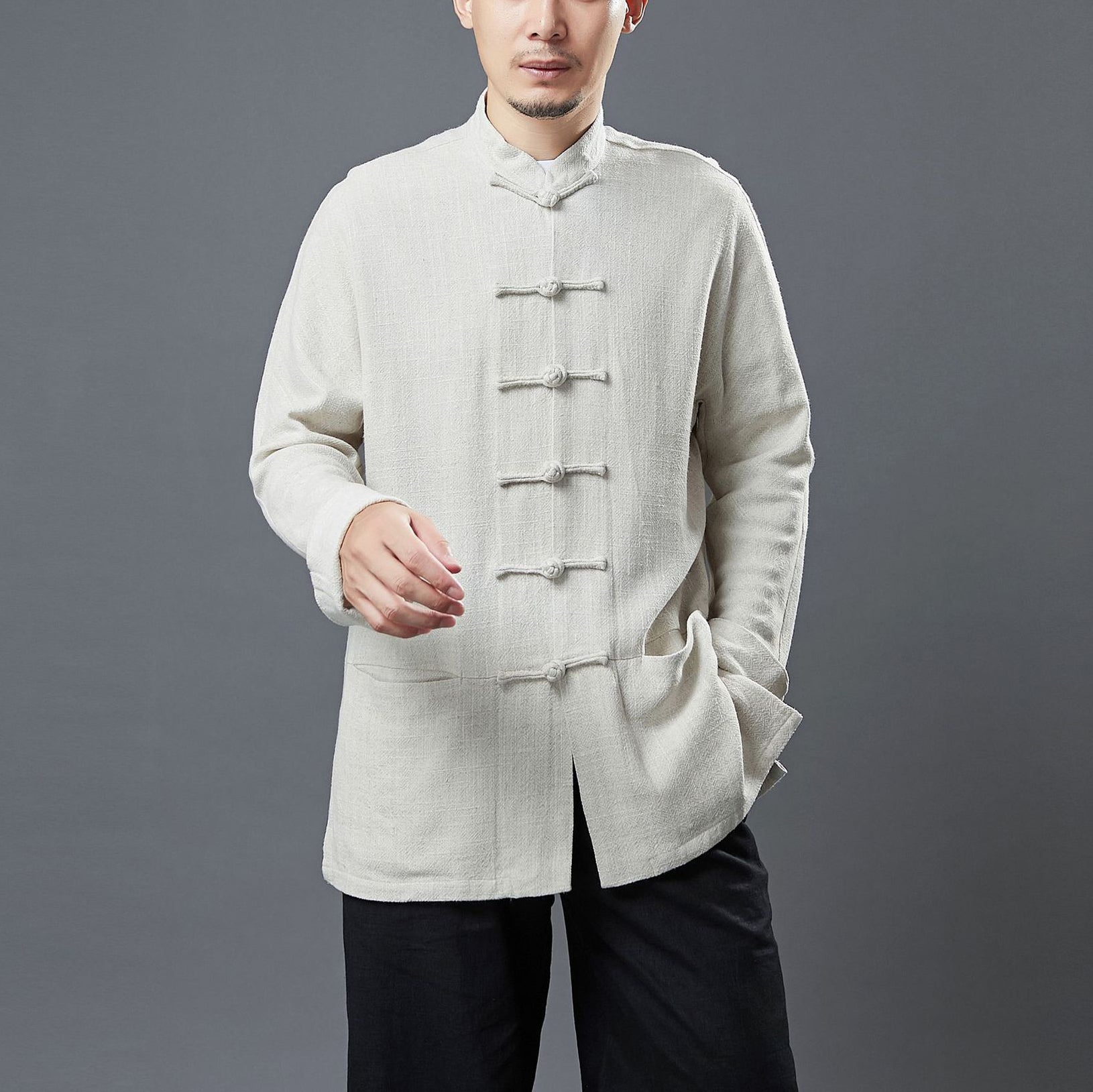 Standing collar loose linen jacket, frog button casual kung fu jacket