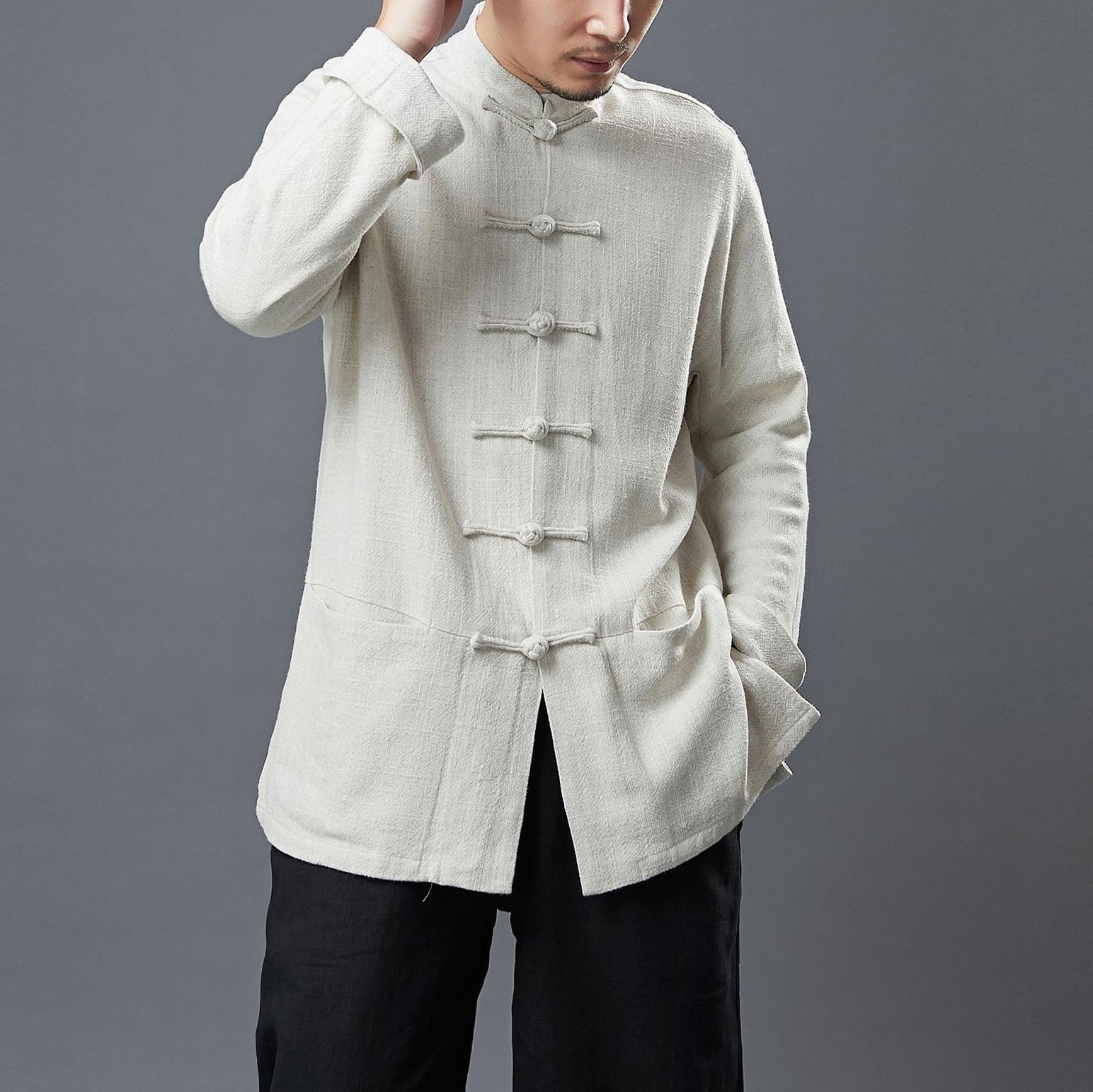 Standing collar loose linen jacket, frog button casual kung fu jacket