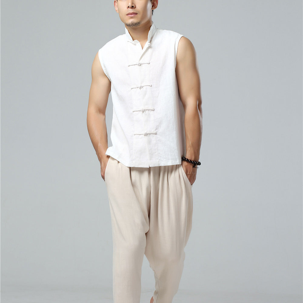 Summer Men's Frog Button Sleeveless Cotton  Linen Shirt, Standing Collar Casual Cotton and Linen Sleeveless Jacket