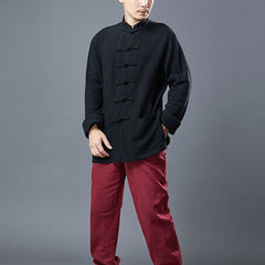 Standing collar loose linen jacket, frog button casual kung fu jacket